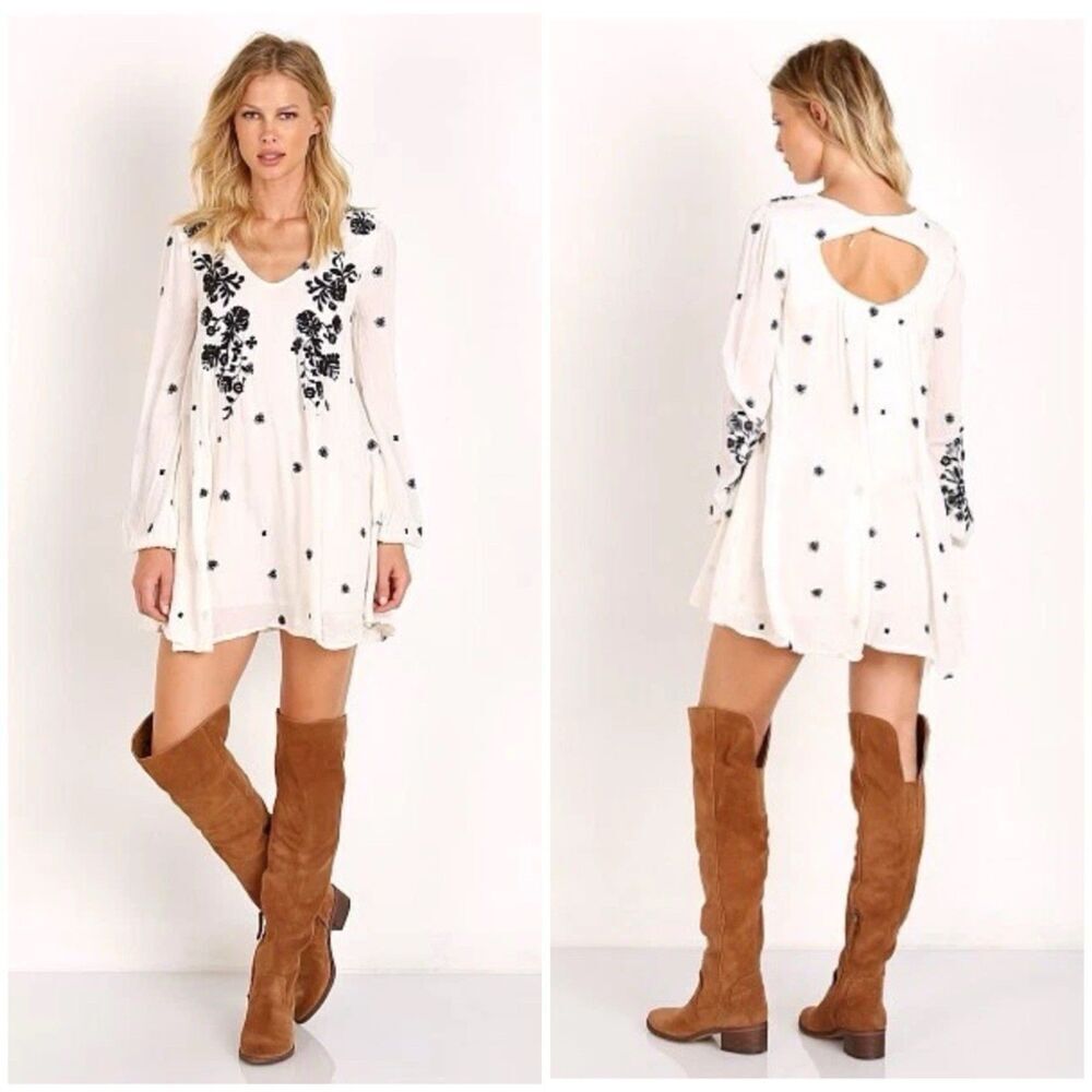 Free People Floral Embroidered Long Sleeve Sweet Tennessee Mini Dress Small Boho